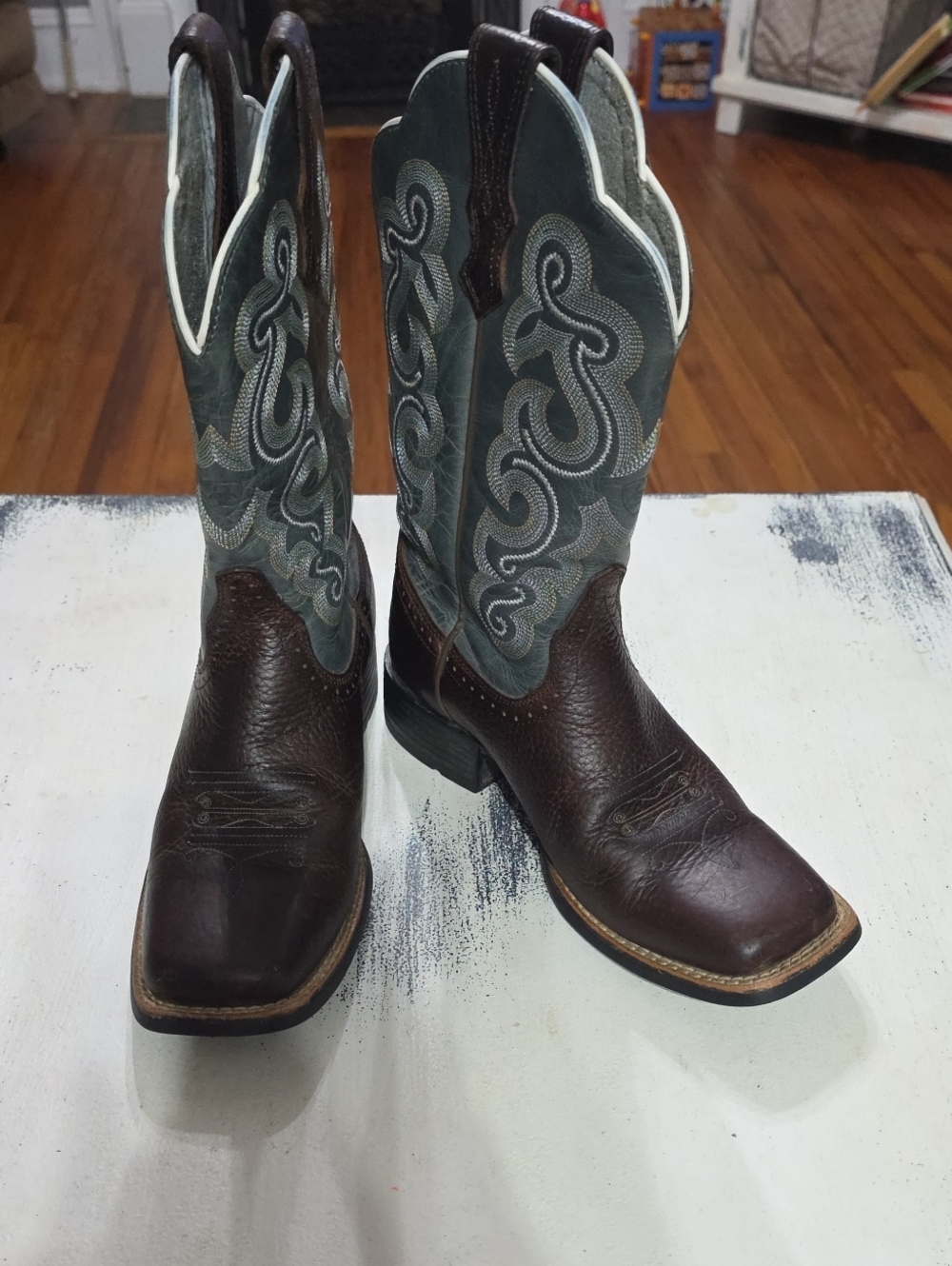 Ariat Women's Leather Boots Brown/Tealish Square Toe Western Cowgirl Sz 6B EUC